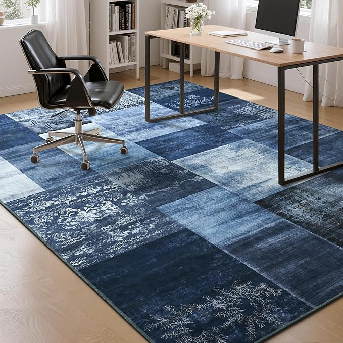 Tepook Modern Area Rug for Living Room, 6x9 Geometric Large Rugs for Bedroom, Washable Patchwork Rug Indoor Non-Slip Throw Carpets for Dining Room Office Farmhouse Home Decor, Blue