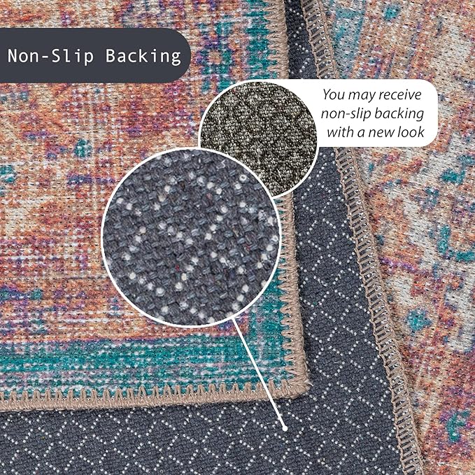 GLN Rugs Traditional Collection - Machine Washable Area Rug, Traditional Washable, Non Slip, Low Pile Chenille Rug, Living Room, Bedroom, Kitchen Rug (8' x 10' Terra/Green)
