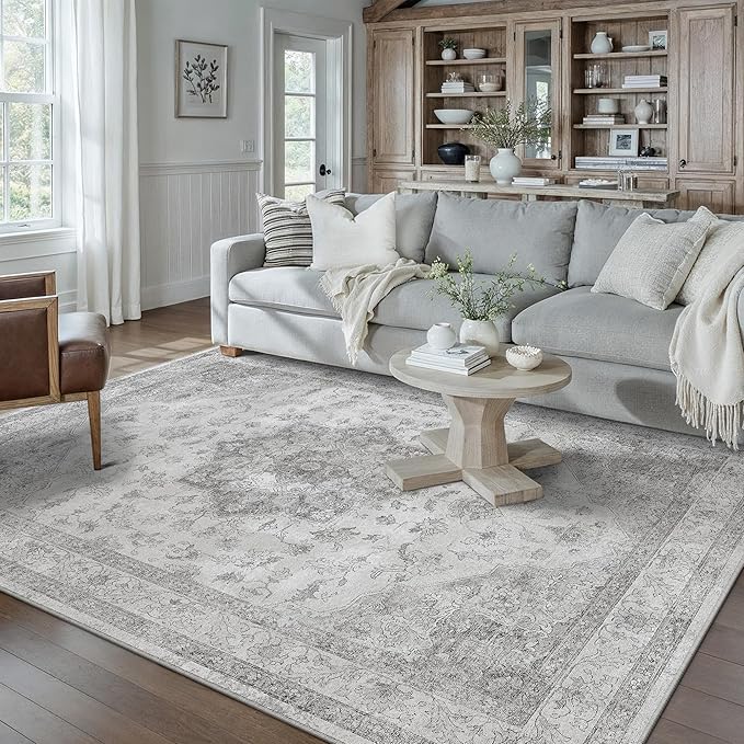 Gray Area Rug 5x8 Washable Living Room Carpet Vintage Non Slip Soft Bedroom Indoor Office Retro Grey Low Pile Thin Oriental Medallion Large Rug for Dining Room Bathroom Kitchen