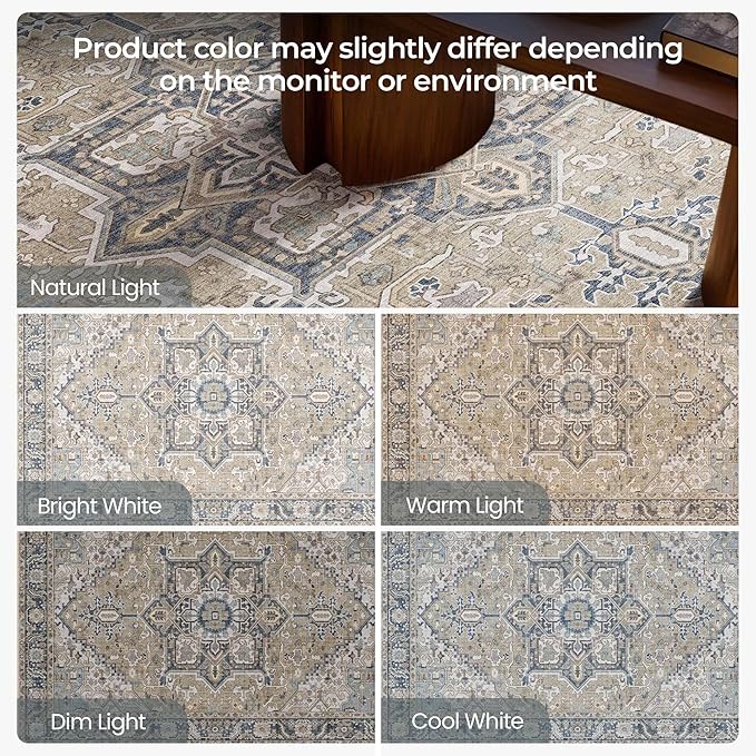 Kokia 4x6 Washable Area Rugs Blue with Vintage Orient Design Rug, Soft Rug for Living Room or Bedroom, Non-Slip Low Pile Stain Resistance Features, Distressed Medallion Pattern