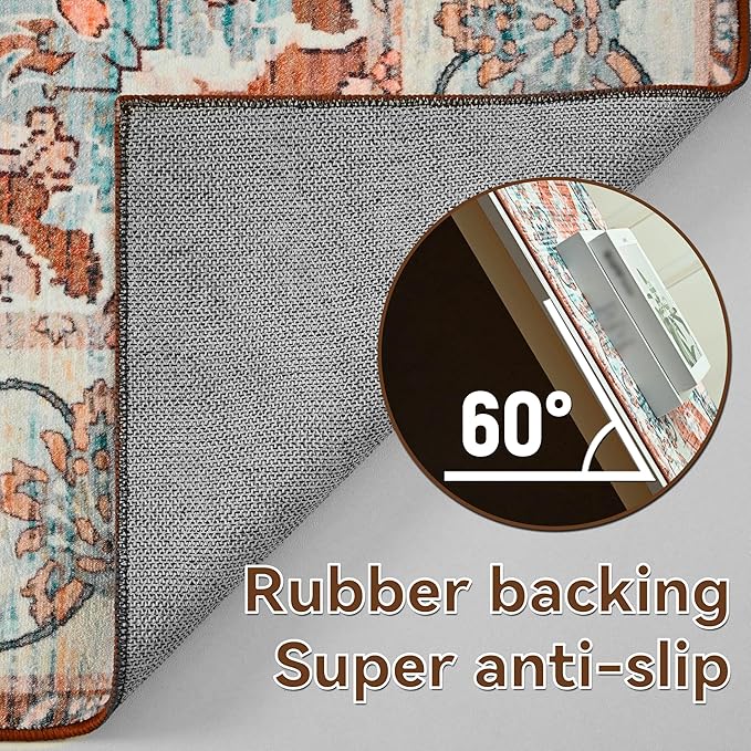 YJ.GWL Area Rugs for Living Room 6x9 Machine Washable Rugs, Non Slip Floral Vintage Rug Indoor Carpet, Stain Resistant Large Rug for Bedroom Dining Room, Copper Tan