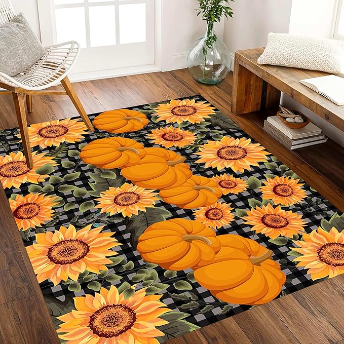 Autumn Style Area Carpet, 4x6ft, Checkered with Sunflower and Pumpkin Fall Harvest Large Flower Rug, Fluffy Short Pile Rubber Backed Farmhouse Door Mat for Study Room Front Door