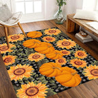 Autumn Style Area Carpet, 3x5ft, Checkered with Sunflower and Pumpkin Fall Harvest Large Flower Rug, Fluffy Short Pile Rubber Backed Farmhouse Door Mat for Study Room Front Door