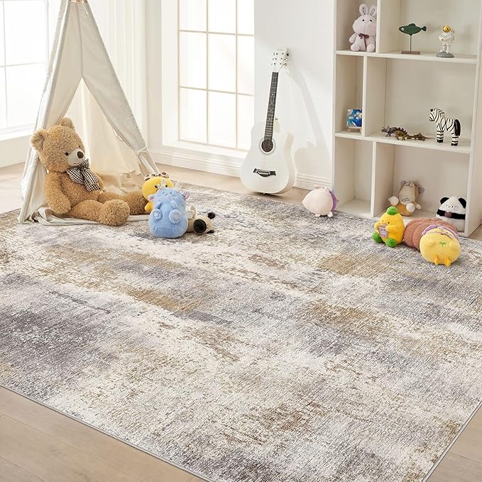 Area Rug Living Room Rugs - 8x10 Washable Large Soft Indoor Neutral Modern Abstract Low Pile Rug Carpet for Bedroom Dining Room Farmhouse Home Office - Brown Grey