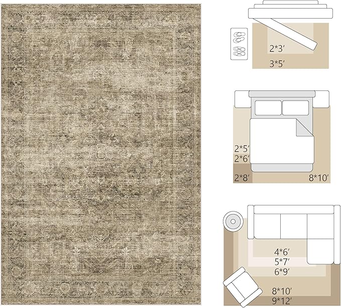 FMFUNCTEX 4x6 Washable Area Rug Neutral Vintage Brown Distressed Non Slip Low Pile Traditional Indoor Carpet for Entryway Living Room Bedroom Soft Retro Throw Rug for Dining Office Kitchen Entryway