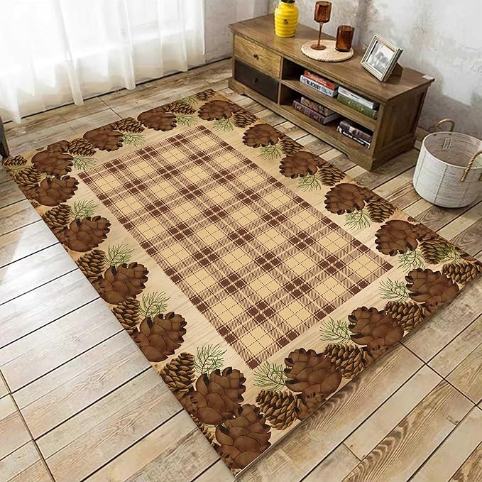 Cabin Pine Cones Area Rug 6x8ft for Living Room, Brown Buffalo Plaid Indoor Anti-Slip Large Area Rug Rustic Style Rugs for Bedroom, Lodge Living Rugs With Pine Cones, Throw Area Rug for Farmhouse