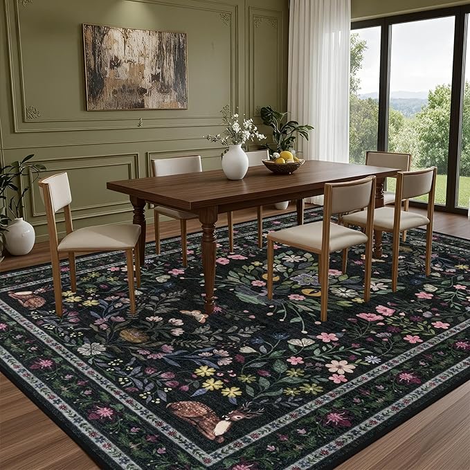 5x7 Area Rugs Living Room Rug: Vintage Washable Rug Floral Soft Carpet Indoor Floor Non-Slip Boho Stain Resistant Large Carpets for Bedroom Kids Nursery Dining Room Farmhouse Home Office Black/C02