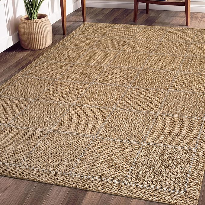 Beverly Rug Easy Jute Checkered Squared Rug 8x10 Washable Durable Indoor Outdoor Area Rugs for Living Dining Room Patio Office Stain Resistant Non Shedding Casual Indoor Outside Carpet 8 x 10 Natural