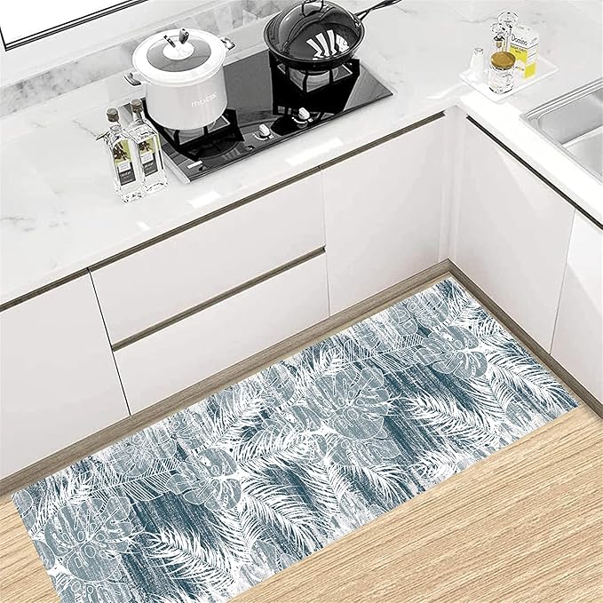 Blue White Tropical Runner Rug 2.6x10ft - Indoor Outdoor Non-Shedding Washable Carpet, Soft Durable Floor Mat for Patio, Hallway, Kitchen, Living Room