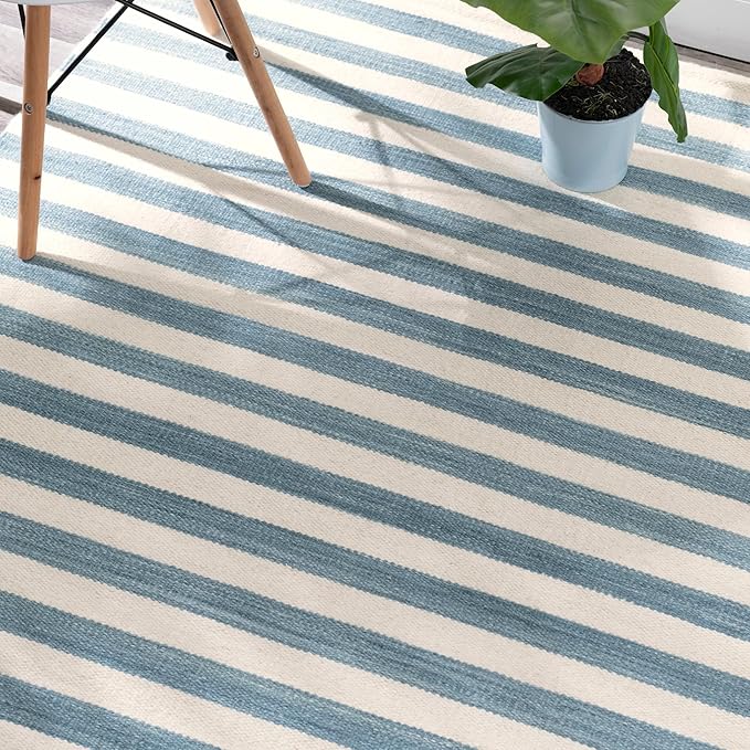 Home Conservatory Ladder Stripe Blue/Ivory Handwoven Wool 4 X 6 Feet, Blue/Ivory Stripe Pattern
