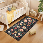 DUKINO 2x5 Runner Rug for Hallway, Washable Kitchen Floral Runner Rug with Non Slip Backing, Low Pile Soft Boho Carpet for Kitchen, Hallway, Entryway, Laundry, Bedroom, Black