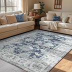 jinchan Vintage Floral 5x7 Area Rug for Bedroom - Machine Washable Distressed Design Stain Resistant Boho Carpet Ultra-Thin Low Pile Non-Slip Rug for Living Room Dining Room Kitchen (5‘x7', Dark Blue)
