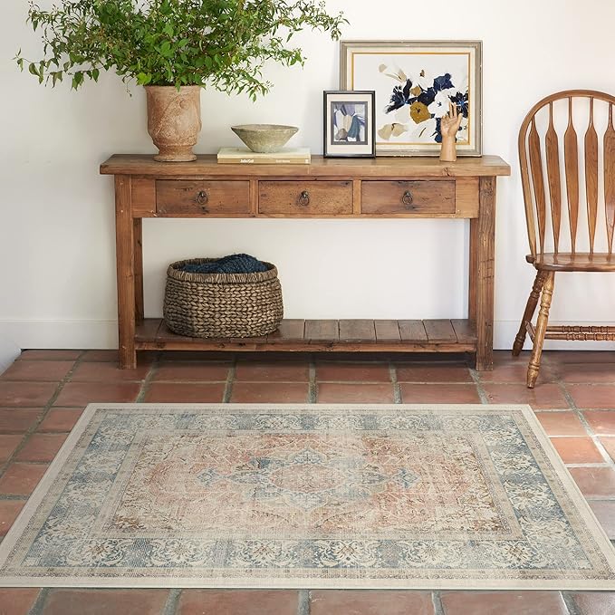 RUGGABLE Washable Vintage Area Rug – Sarrah Coral 4x6, Stain-Resistant, Non-Slip – Medium Machine Washable Rugs for Living Room, Bedroom, Hallway, Entryway & Office–with Cushioned Pad