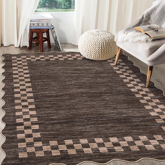 GarveeHome 10x13 Area Rug Large Living Room Scalloped Rug Non Slip Low Pile Bedroom Throw Carpet Soft Modern Bordered Dining Room Rug Stain Resistant Boho Carpet for Home Office, Brown