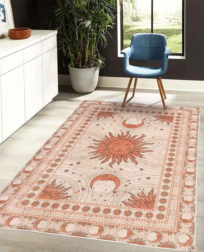 Ambesonne Sun and Moon Decorative Rug, Bohemian Artwork Design of Crescent Solar Ornament Esoteric Stars Ornaments, Quality Carpet for Bedroom Dorm and Living Room, 4' X 5' 5", Burnt Sienna