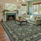 8x10 Vintage Rugs for Living Room, Washable Non Slip Large Area Rug for Bedroom Dining Room Office, Floor Decoration Big Carpet Low-Pile Kid & Pet Friendly Forest Green
