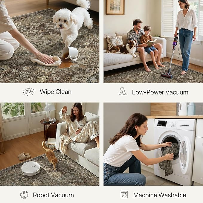 Bavni Washable Runner Rug 2x7, Non Slip Long Hallway Rug, Vintage Print Low Pile Ultra Thin Washable Carpet for Kitchen Bedroom, Brown