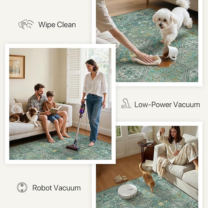 Bavni 3x5 Area Rugs for Living Room, Machine Washable Rug Non Slip, Vintage Chenille Distressed Print Carpet, Large Low Pile Ultra-Thin Lightweight Rugs for Bedroom, Dining Room, Home, Office, Cyan