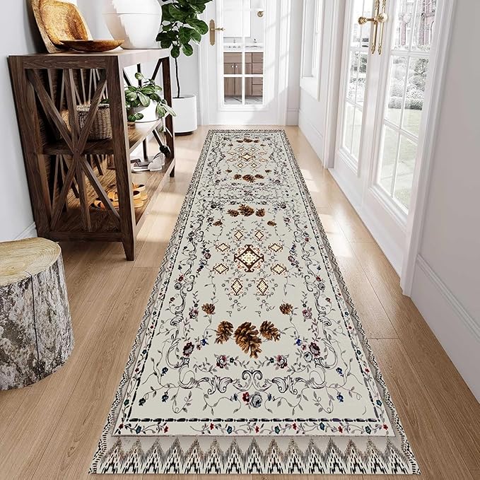 Floral Runner Rug, 2x6ft, Bohemian Vintage Distressed Floral Pineal Rug for Kitchen, Non-Slip No Shedding, Soft Low Pile Indoor Room Grey Rug for Laundry, Washable Rug for Hallway Bathroom