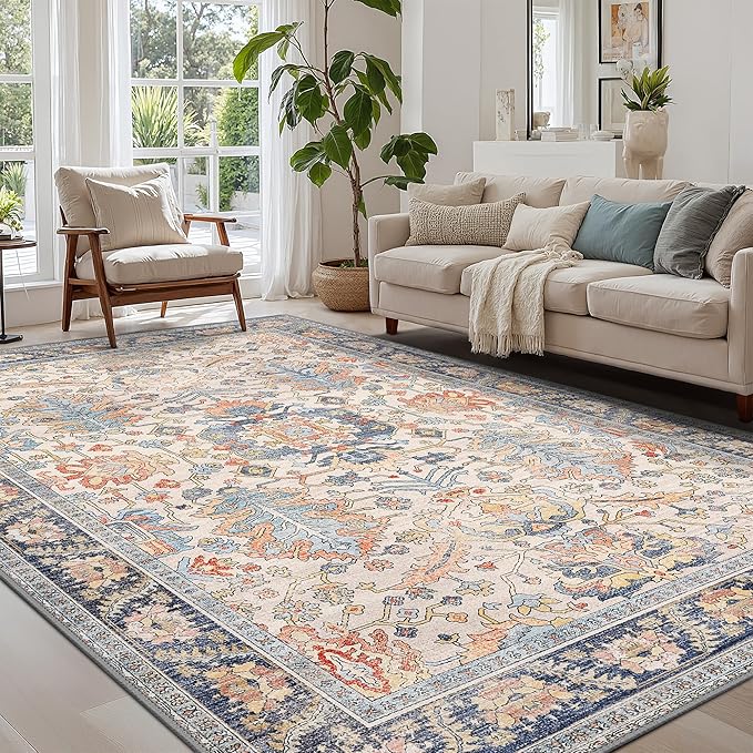 Bavni Washable Rug-6x9 Area Rugs for Bedroom Non-Slip, Ultra Thin Low Pile Living Room Rug, Modern Printed Decorative Rug for Dinning Room Office, Teal/Multi