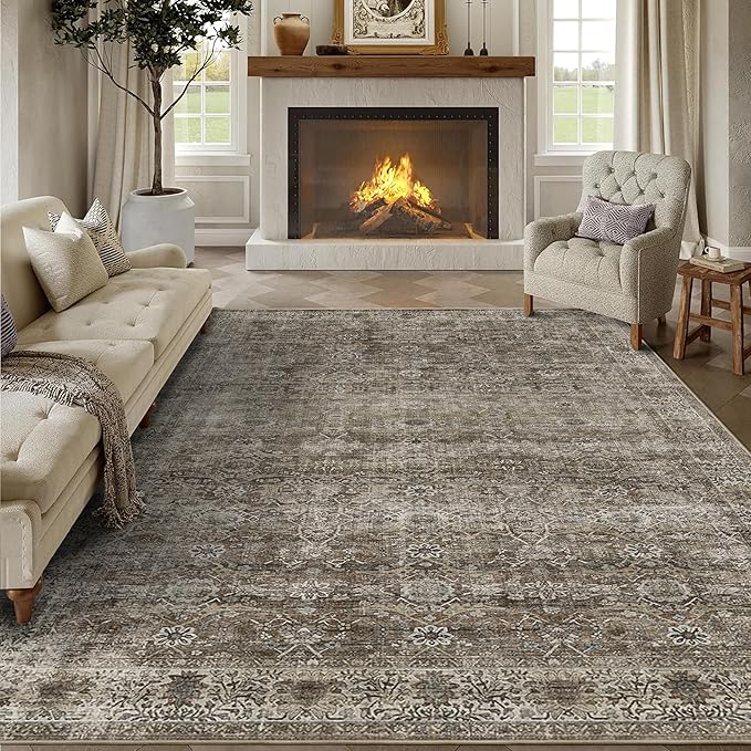 6x9 Washable Rug for Living Room Large Vintage Distressed Bedroom Rug Low Pile Non-Slip Soft Boho Carpets for Bedroom Dining Room Home Office Indoor Nursery Antique/Moss