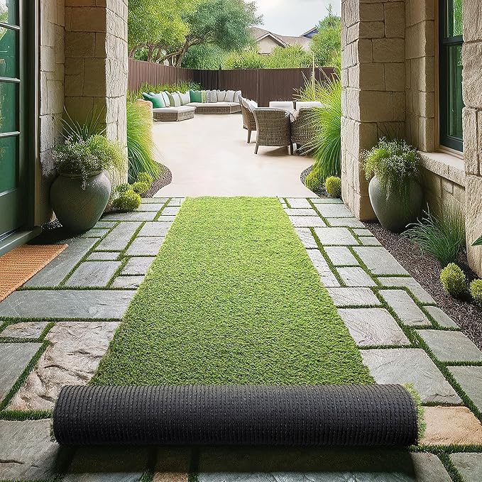 Ottomanson 2'7" x 35' Artificial Faux Grass Rug - Realistic Turf with UV Protection - Perforated for Easy Drainage - Durable, Hose-Off Synthetic Lawn Carpet for Indoor & Outdoor Use, Green