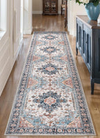 Tangsoo 2.6x10 Hallway Runner Rugs, Washable Runner Rug for Hallway Non Slip Vintage, Soft Low Pile Long Rug Runner, Print Indoor Carpet Runners for Living Room Kitchen Bedroom Entryway Blue/Orange