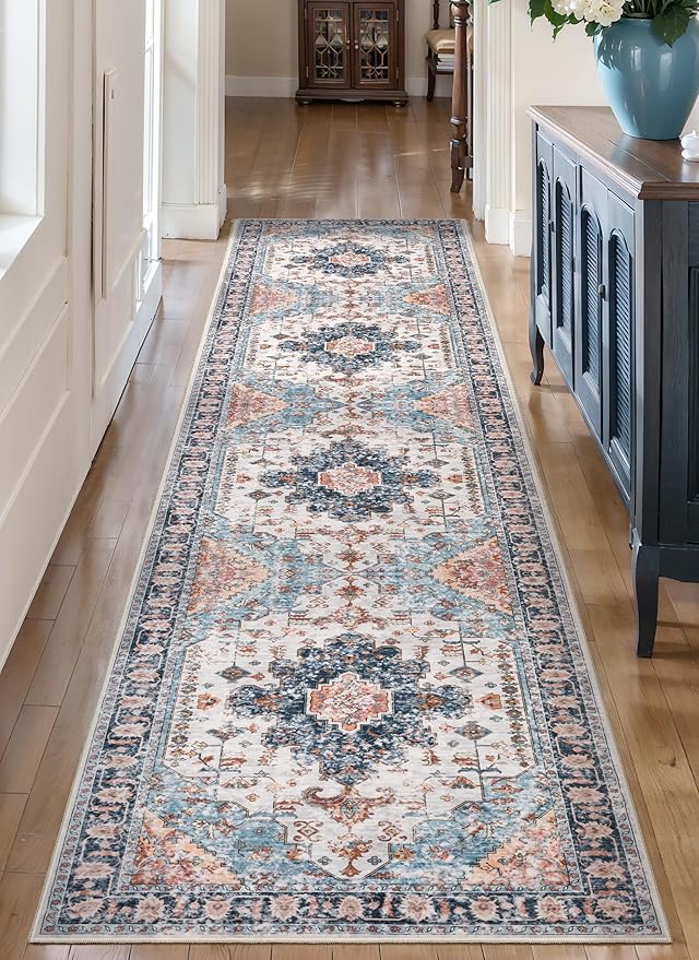 Tangsoo 2.6x8 Washable Runner Rug for Hallways, Non Slip Vintage Rug, Soft Low Pile Long Runner, Blue Carpet Runners for Kitchen Bedroom Entryway Bathroom Living Room