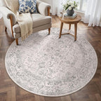 Grey Round Area Rug 5ft Entryway Door Mat Small Circle 5x5 Kitchen Vintage Carpet Non Slip Indoor Bedroom Washable Distressed Floral Retro Accent Throw Rug Office Bathroom
