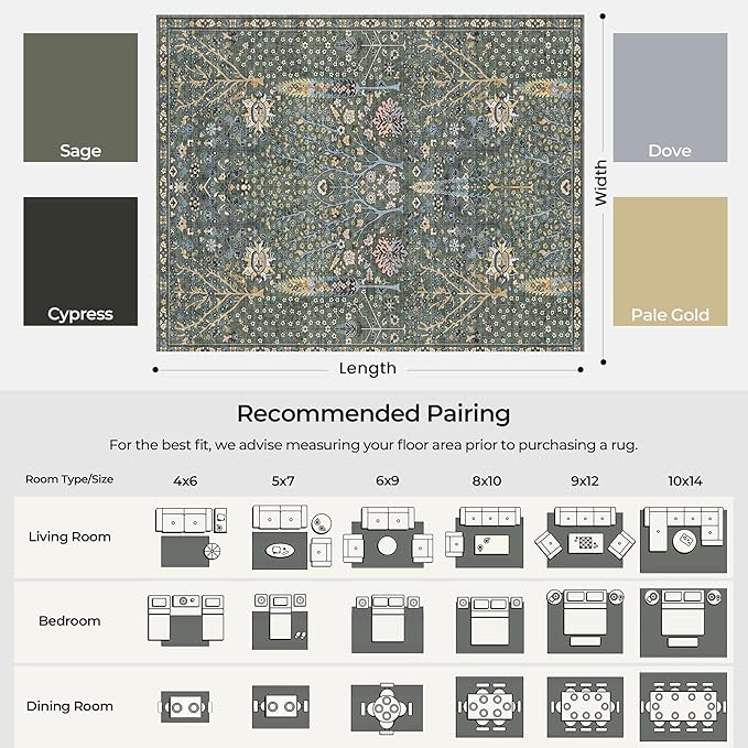 Kokia Boho Vintage Floral Area Rugs, Washable Oriental Botanical Rugs for Living Room, Bedroom, Dining Room, Office, Large Soft Indoor Area Rug, Sage Green，8x10