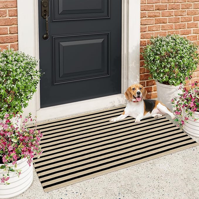 Black and Tan Striped Rugs 2.3'x3.6', Washable Front Door Rug Hand Woven Reversible Outdoor Welcome Mat, Foldable Layered Door Mats for Entryway Porch Decor Home Entrance