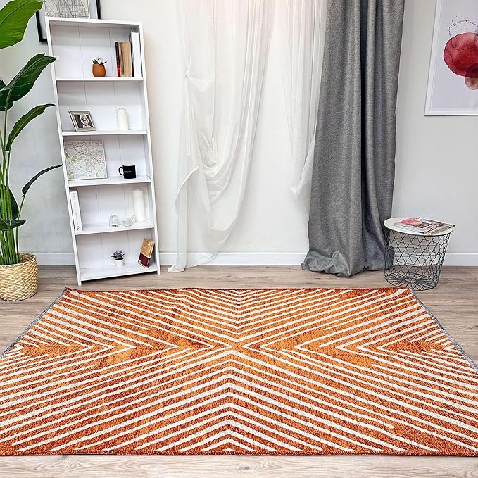 Alfa Rich 4x6 Geometric Burnt Orange Off White Washable Area Rugs for Living Room Bedroom Cotton Rug