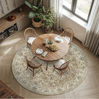 jinchan Fiora Round Rug 8ft Area Rug - Taupe Vintage Floor Mat Indoor Ultra-Thin Soft Floral Print - Washable Circle 8' Retro Accent for Farmhouse Non Slip Dining Room Living Room Bedroom Office