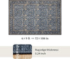 Washable Living Room Rug: 6x9 Boho Floral Soft Area Rug for Bedroom Decor - Vintage Low Pile Thin Carpet for Dining Room Non-Slip - Farmhouse Stain Resistant Rugs - Slate Blue