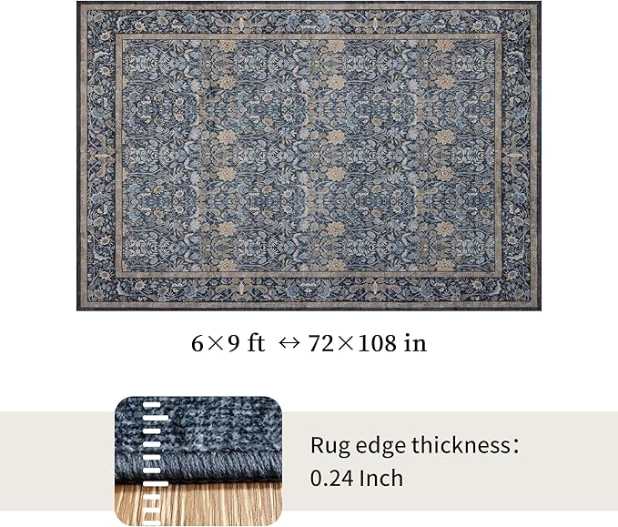 Washable Living Room Rug: 6x9 Boho Floral Soft Area Rug for Bedroom Decor - Vintage Low Pile Thin Carpet for Dining Room Non-Slip - Farmhouse Stain Resistant Rugs - Slate Blue
