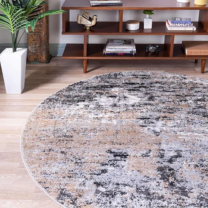 Rugs.com Leipzig Collection Round Rug – 7 Ft Round Beige Low-Pile Rug Perfect for Kitchens, Dining Rooms