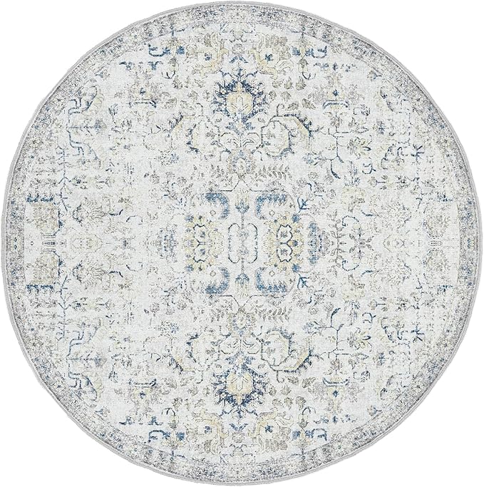 jinchan Kalen Round Rug 5ft Area Rug Entryway Washable Vintage Indoor Retro Floor Cover Distressed Floral 5' Round Circle Boho Non Slip Thin Carpet for Kitchen Bedroom Living Room Dining Room Blue