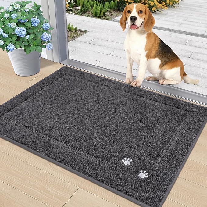 BEQHAUSE Dog Door Mat for Muddy Paws 24"x36" Dirt Trapper Absorbent Doormat Non Slip Entryway Rugs Washable Stain Resistant Welcome Floor Mat Soft Low-Profile for Front Back Door, Dark Grey