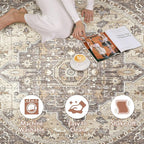 Round Rug Living Room Rugs: 10x10 Washable Boho Neutral Large Circle Soft Indoor Floral Stain Resistant Floor Farmhouse Carpet for Bedroom Nursery Kids Playroom Office Dining Room- Beige Brown