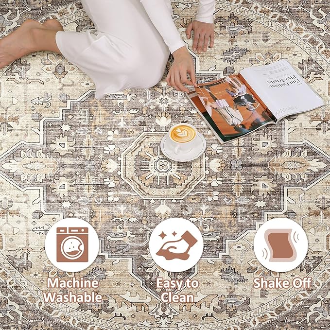 Round Rug Living Room Rugs: 7x7 Washable Boho Neutral Large Circle Soft Indoor Floral Stain Resistant Floor Farmhouse Carpet for Bedroom Nursery Kids Playroom Office Dining Room Dorm Home- Beige Brown