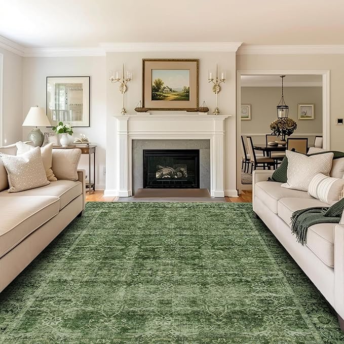 10x14 Washable Area Rug Green Vintage Rug for Living Room Bedroom Low Pile Soft Non-Slip Boho Rug for Under Table Boho Distressed Retro Carpet for Bedroom Dining Room