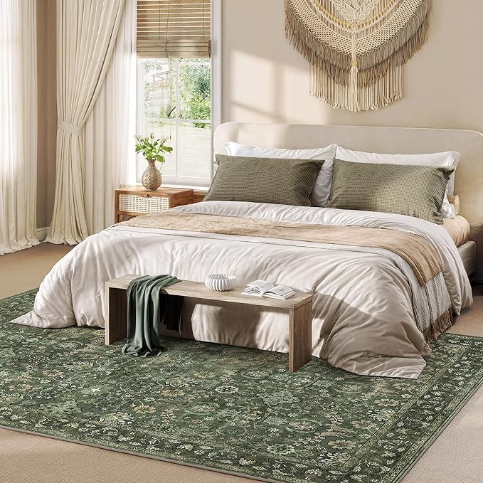 5X7 Area Rugs for Living Room, Soft Rugs Green Washable Rug, Indoor Vintage Rugs for Bedroom Home Office Laundry, Rubber Backed Non Slip Low Pile Carpet, Dark Olive Green