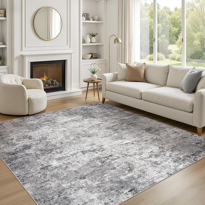Square Area Rugs : Washable 6x6 Neutral Modern Abstract Carpet for Living Room Bedroom - Soft Floor Mat with Non Slip Backing for Kitchen Nursery Dorms Farmhouse Home Decor - Grey