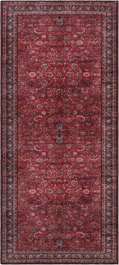 GLN Rugs Traditional Collection - Machine Washable Area Rug, Traditional Washable, Non Slip, Low Pile Chenille Rug, Living Room, Bedroom, Kitchen Rug (2'6" x 7' Dark Red)