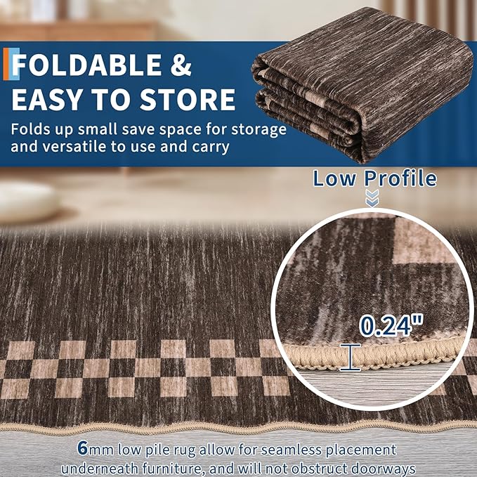 GarveeHome 8x10 Area Rug for Living Room Scalloped Washable Large Bedroom Rug Non Slip Stain Resistant Modern Border Dining Room Throw Carpet Scalloped Boho Rug for Home Decor Office Nursery, Brown