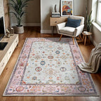 GLN Rugs Traditional Collection - Machine Washable Area Rug, Traditional Washable, Non Slip, Low Pile Chenille Rug, Living Room, Bedroom, Kitchen Rug (5' x 7' Pink/Blue/Multicolor)
