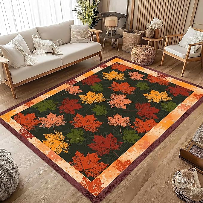 Fall Themed Area Carpet, 3x5ft, Autumn Fallen Leaves Print Pattern Retro Rustic Style Dark Stain Resistant Throw Rug, Low-Profile Non Slip Breathable Floor Mat for Dining Room Laundry