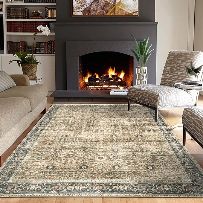ReaLife Rugs Machine Washable Area Rug - Living Room Bedroom Bathroom Kitchen Entryway Office - Padded Low Pile Stain Resistant Premium - Boho Farmhouse Vintage - Dua - Brown Gray Beige 4' x 6'