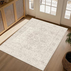 FMFUNCTEX 3x5 Washable Area Rug Beige Vintage Neutral Distressed Non Slip Low Pile Traditional Retro Indoor Carpet for Entryway Entrance Soft Rug Living Room Bedroom Kitchen Dining Office Laundry