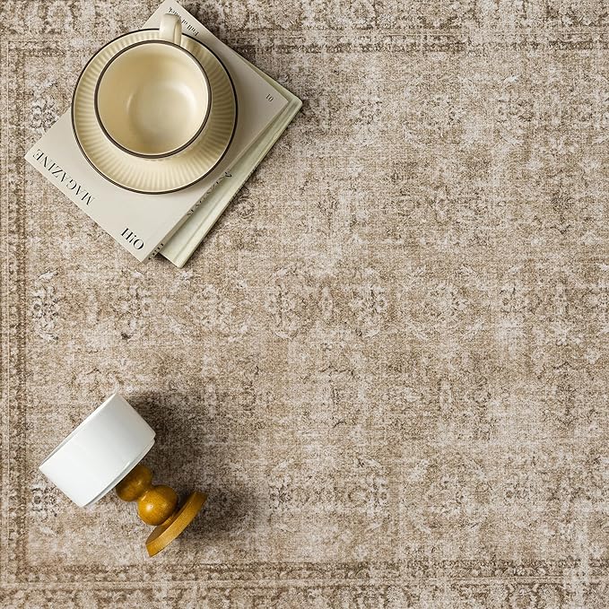 2x10 Light Brown Area Rug Runners for Hallways Washable Vintage Distressed Carpet Low Pile Non Slip Indoor Retro Soft Long Accent Rug Bedroom Kitchen Bathroom Laundry Dining Living Room